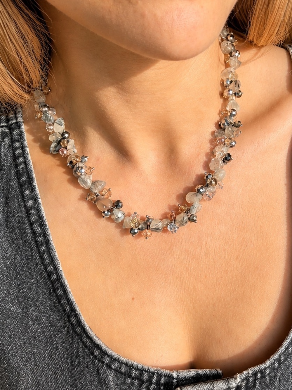 Handmade Neutral Clustered Bead Necklace with Subtle Sparkle
